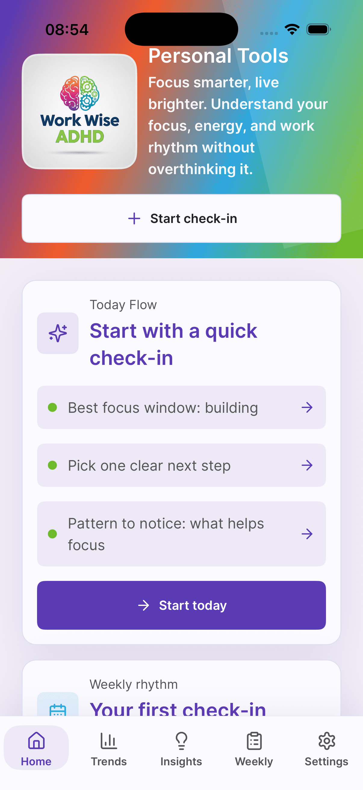 Titrio Focus home screen with start check-in and support tools