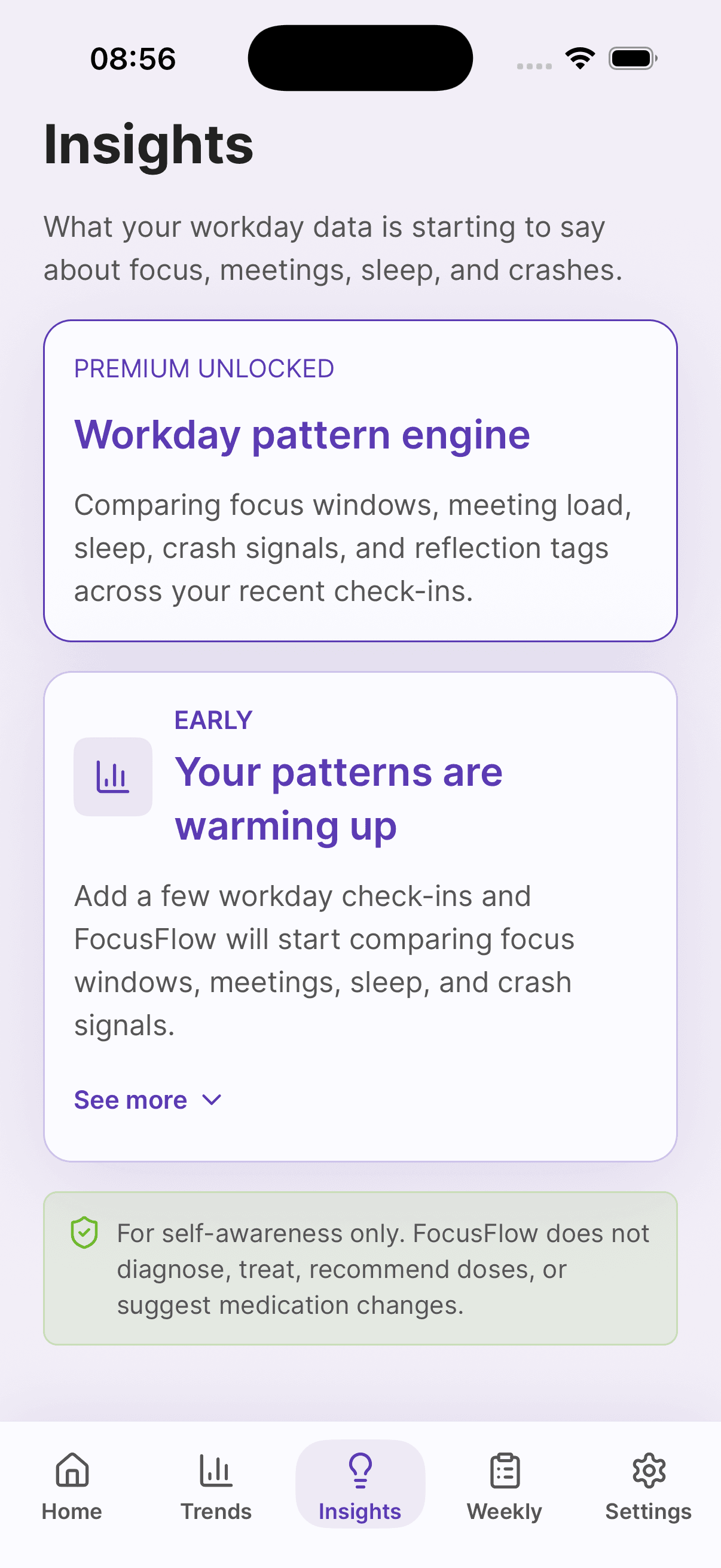 Titrio Focus insights screen showing pattern summaries
