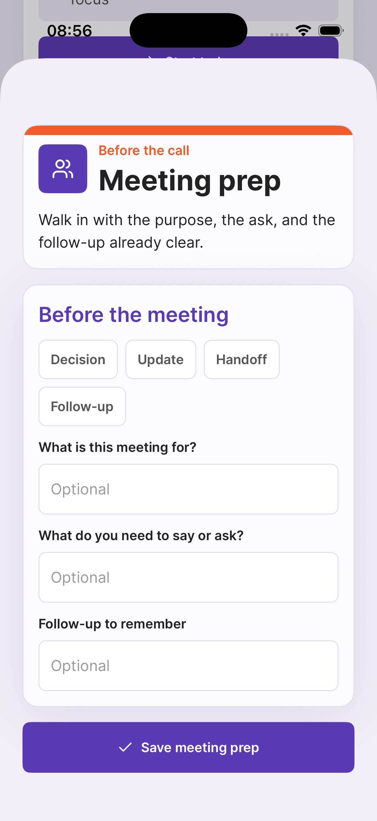 Titrio Focus review preparation screen with fields for questions and follow-up