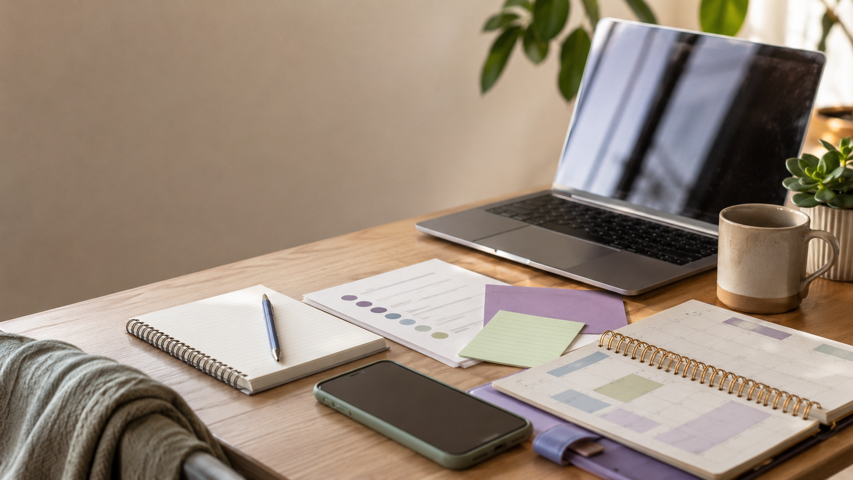 Calm workspace with laptop, phone, notebook and calendar for ADHD medication review preparation.